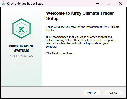 The installer's welcome screen, showing the Kirby Trading Systems logo and a Next button.