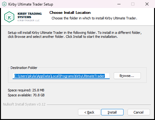 The installer's install-location screen with the default folder already filled in.