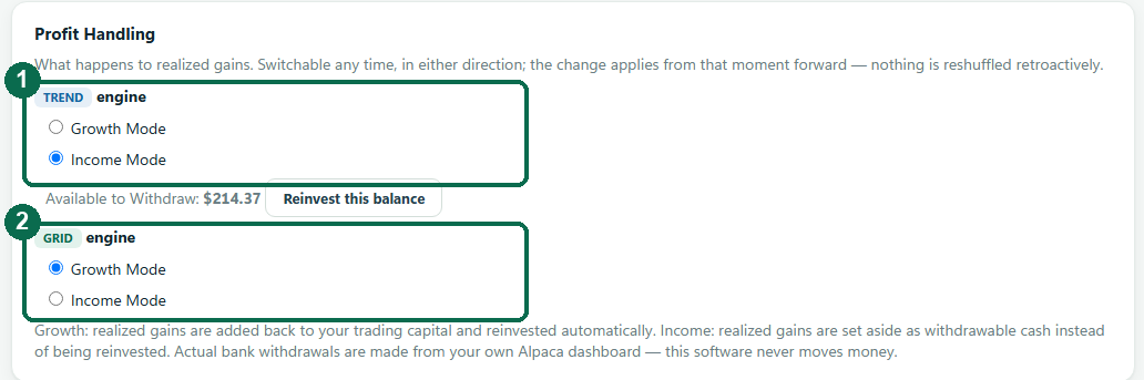 Annotated Profit Handling setting with the Growth Mode and Income Mode options marked for each engine.