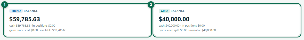 Annotated dashboard in Split Balance with the per-engine balances marked, showing each engine's own cash, holdings, gains since the split and cash available to it.