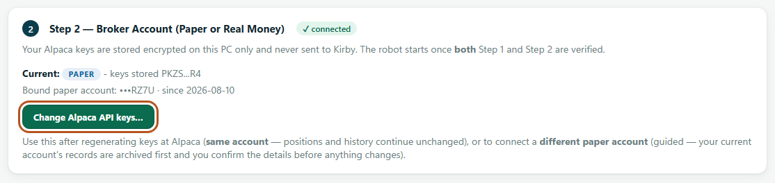 The Settings page showing the bound paper account and the Change Alpaca API keys button.