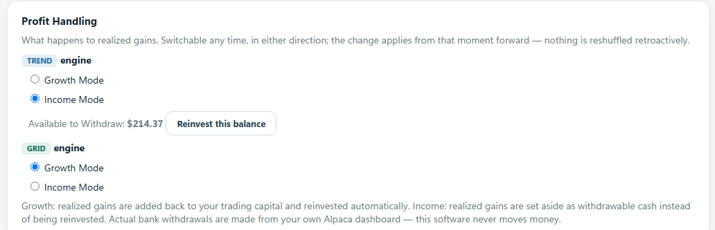 The Profit Handling step with Growth Mode and Income Mode options.