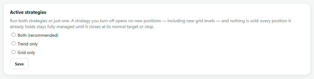 The Active strategies setting with Both, Trend only and Grid only options, and each strategy's current state.