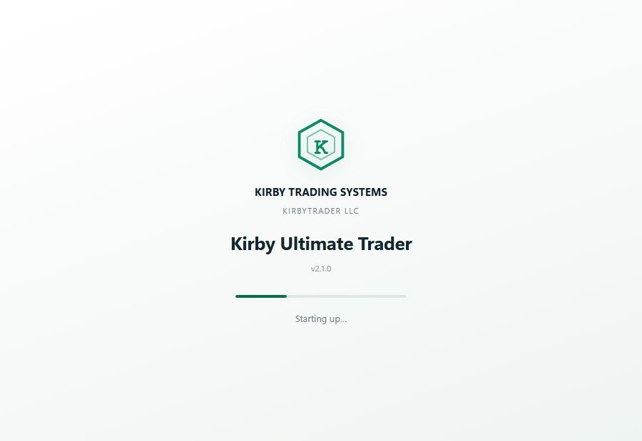 The Kirby Ultimate Trader start-up screen showing the logo, the product name and version 2.1.0.