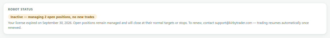 The dashboard's Robot Status card reading Inactive, explaining that open positions remain managed and how to renew.