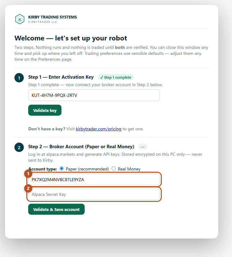 Setup Step 2 with the account type set to Paper and the Alpaca key ID and secret fields highlighted.